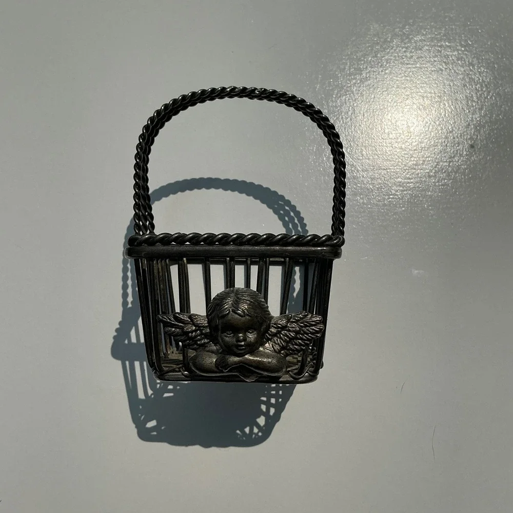 Vintage Silver Tone Cherub Wire Basket Mini Decorative Trinket Holder Angel